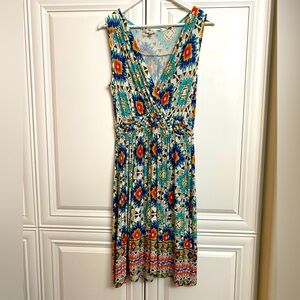 Spense Sz Medium Sleeveless V-Neck Midi Length Knit Multi-Coloured Print Dress